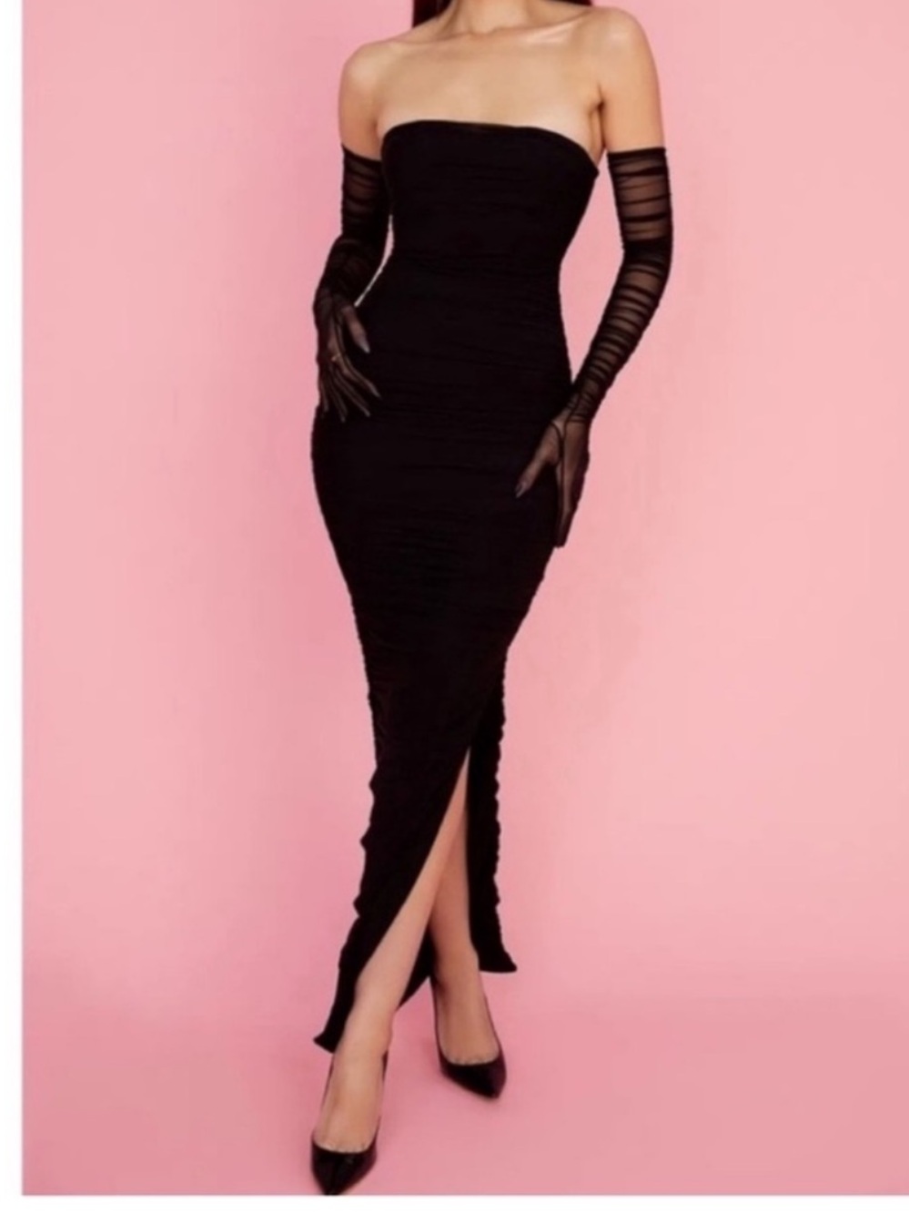 House of CB Strapless Black Ruched Maxi Dress with Sheer Opera Gloves